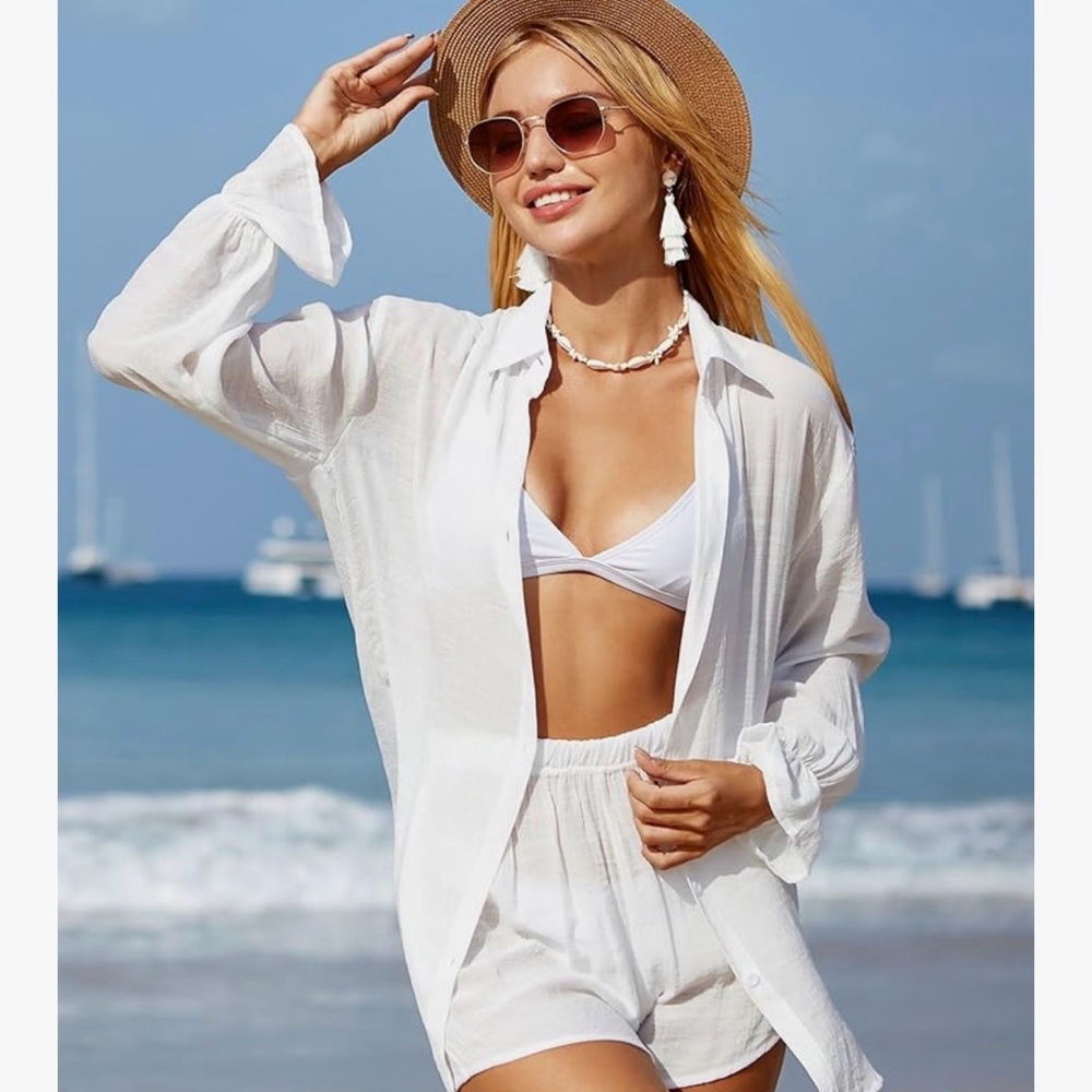 Lightweight White Women's Beach Cover-Up Shirt & Shorts Set
